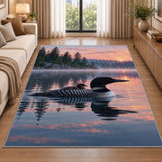 Loon and chick at sunrise rug in a bright living room with a sofa