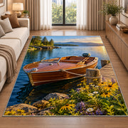 Classic wooden boat at dock rug in a bright living room with a sofa