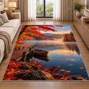 Autumn lake with rowboat rug in a bright living room with a sofa