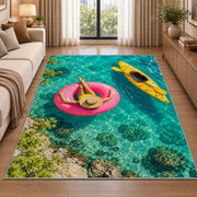 Pink float and yellow kayak rug in a bright living room with a sofa