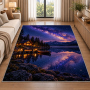 Milky Way over lake cabin rug in a bright living room with a sofa