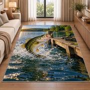 Bass jumping by dock rug in a bright living room with a sofa