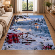 Frozen lake winter scene rug in a bright living room with a sofa