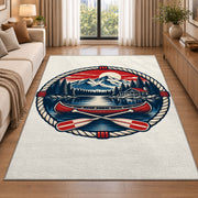 Lake house badge emblem rug in a bright living room with a sofa