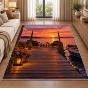 Dock with string lights at sunset rug in a bright living room with a sofa
