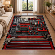 Mechanic tool pegboard rug in a bright living room with a sofa
