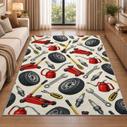 Auto repair tools pattern rug in a bright living room with a sofa