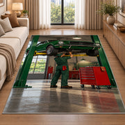 Classic car on a garage lift rug in a bright living room with a sofa