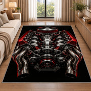 V8 engine from above rug in a bright living room with a sofa