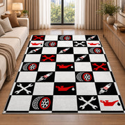 Checkered racing garage rug in a bright living room with a sofa