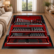 Red toolbox with open drawers rug in a bright living room with a sofa