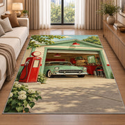 Retro garage with gas pump rug in a bright living room with a sofa