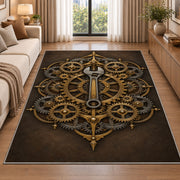 Copper gear mandala rug in a bright living room with a sofa