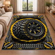 Tire with tire tracks rug in a bright living room with a sofa