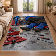 Mechanic working under a car rug in a bright living room with a sofa