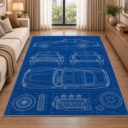 Classic car blueprint rug in a bright living room with a sofa