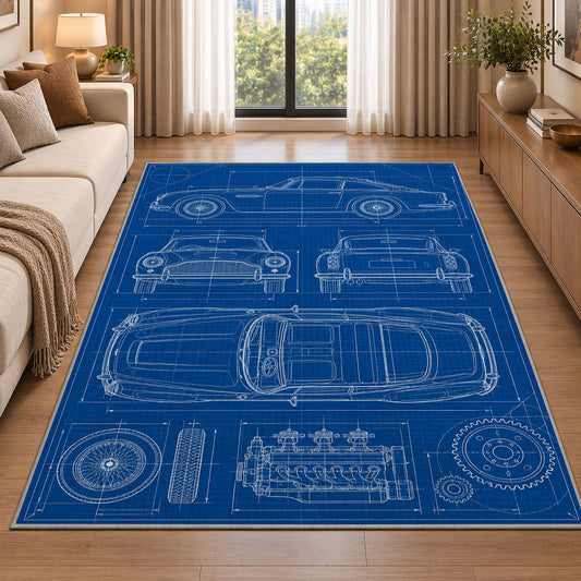Classic car blueprint rug in a bright living room with a sofa