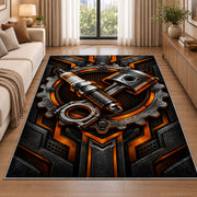 Spark plug and piston emblem rug in a bright living room with a sofa