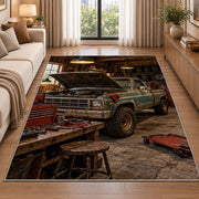 Old pickup truck in a rustic garage rug in a bright living room with a sofa