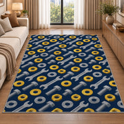 Nuts and bolts pattern rug in a bright living room with a sofa