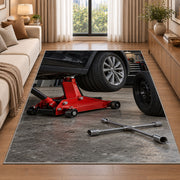 Car jack and spare tire rug in a bright living room with a sofa