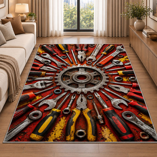 Tools radiating around a gear rug in a bright living room with a sofa