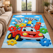 Cartoon tools with smiling faces rug in a bright living room with a sofa