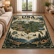 Vintage USA national parks map rug in a living room beside a sofa