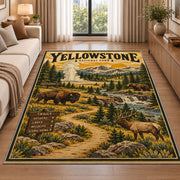 Yellowstone travel poster with bison and elk rug in a living room beside a sofa