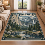 Yosemite Valley travel poster rug in a living room beside a sofa
