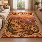 Grand Canyon sunset travel poster rug in a living room beside a sofa