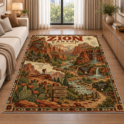 Zion Canyon trail map poster rug in a living room beside a sofa