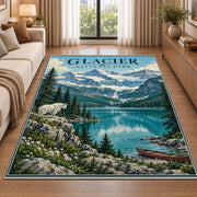 Glacier National Park turquoise lake rug in a living room beside a sofa