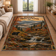 Smoky Mountains autumn cabin poster rug in a living room beside a sofa