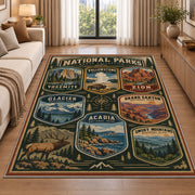 Vintage national parks badge collection rug in a living room beside a sofa