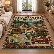 Explore More camping gear rug in a living room beside a sofa