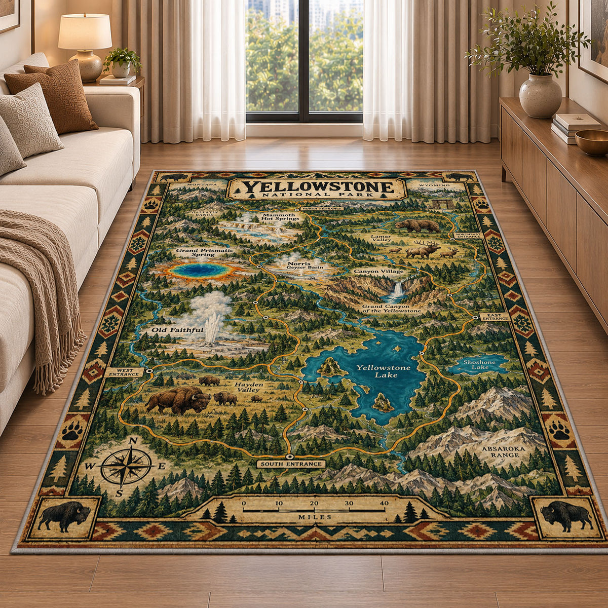 Illustrated Yellowstone park map rug in a living room beside a sofa