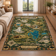 Illustrated Yellowstone park map rug in a living room beside a sofa