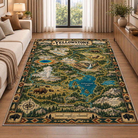 Illustrated Yellowstone park map rug in a living room beside a sofa