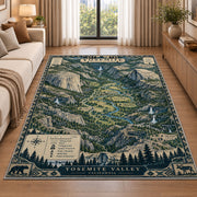 Illustrated Yosemite Valley map rug in a living room beside a sofa