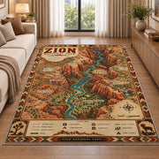 Illustrated Zion National Park map rug in a living room beside a sofa