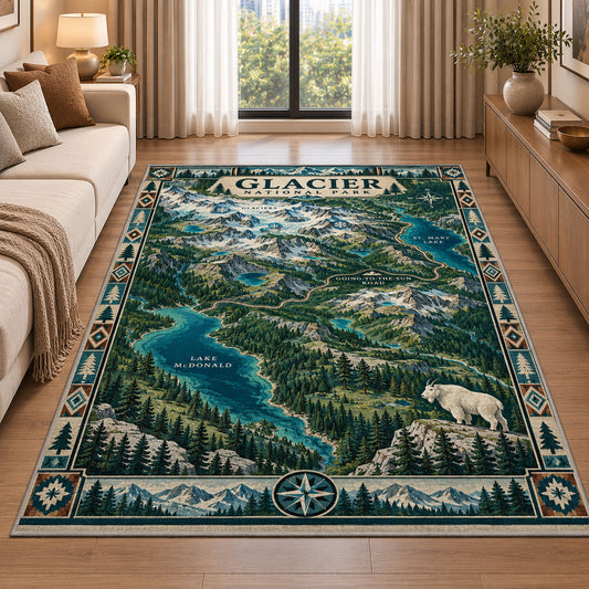 Illustrated Glacier National Park map rug in a living room beside a sofa