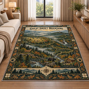 Illustrated Great Smoky Mountains map rug in a living room beside a sofa