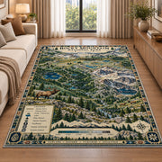 Illustrated Rocky Mountain park map rug in a living room beside a sofa