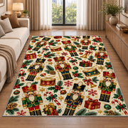 Nutcracker Pattern Christmas Rug in a bright living room with a sofa