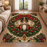Nutcracker Wreath Christmas Rug in a bright living room with a sofa
