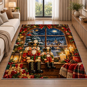 Nutcracker Window Christmas Rug in a bright living room with a sofa