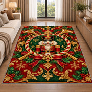 Nutcracker Crest Christmas Rug in a bright living room with a sofa