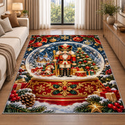 Nutcracker Snow Globe Rug in a bright living room with a sofa
