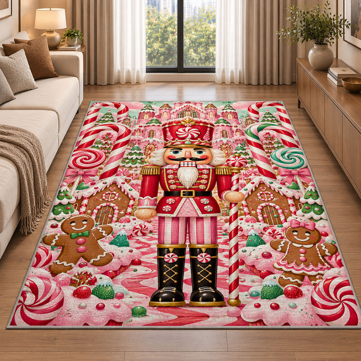 Candy Land Nutcracker Rug in a bright living room with a sofa